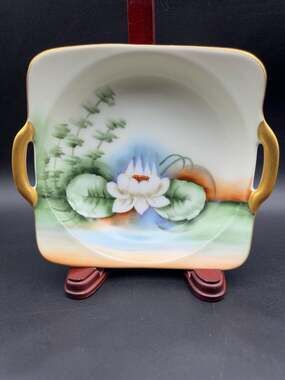 Vintage Porcelain Water Lily Dish Gold Handles Floral Square Trinket Candy Bowl